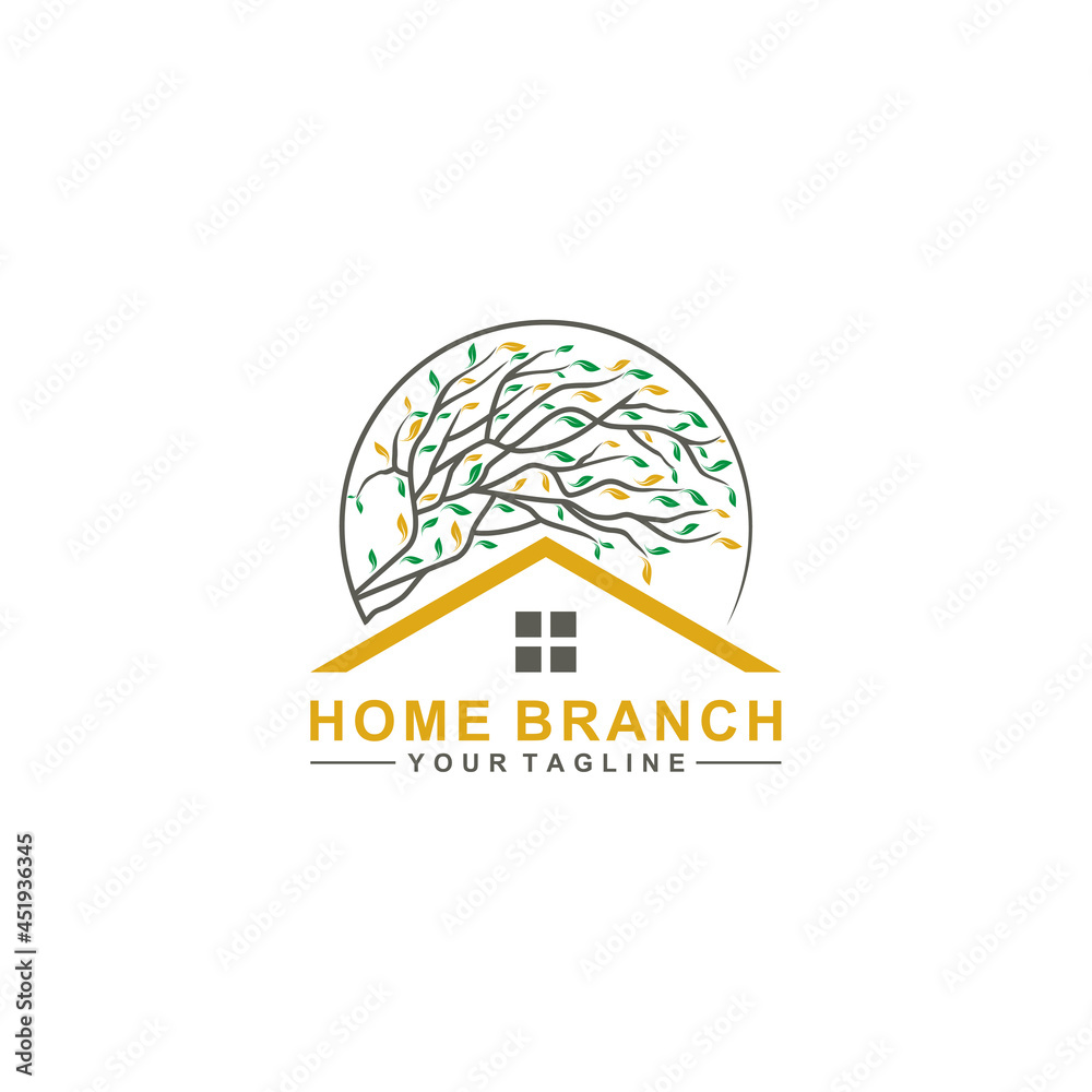 Vector logo of house and leaves branches