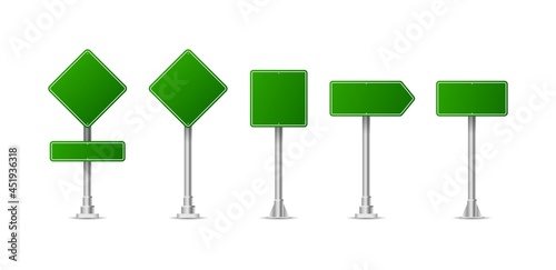 Realistic green street and road signs. City illustration vector. Street traffic sign mockup isolated, signboard or signpost direction mock up image