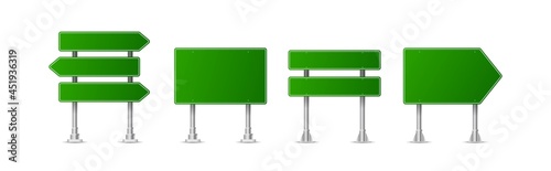 Realistic green street and road signs. City illustration vector. Street traffic sign mockup isolated, signboard or signpost direction mock up image