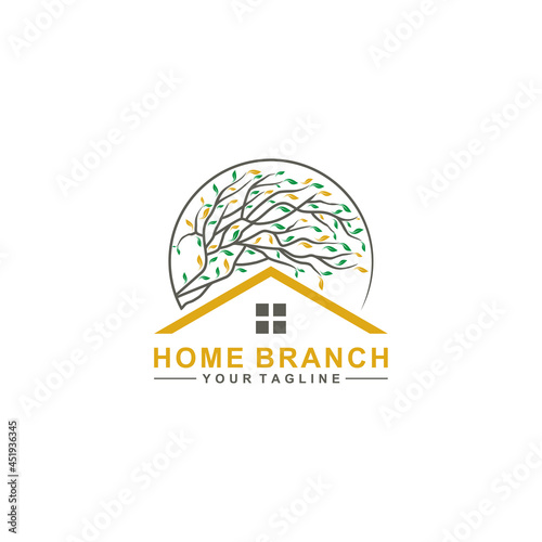 Vector logo of house and leaves branches