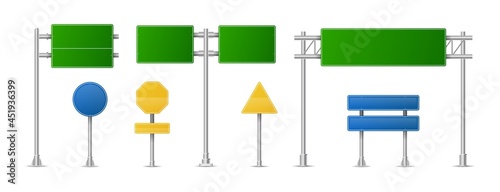 Realistic green street and road signs. City illustration vector. Street traffic sign mockup isolated, signboard or signpost direction mock up image