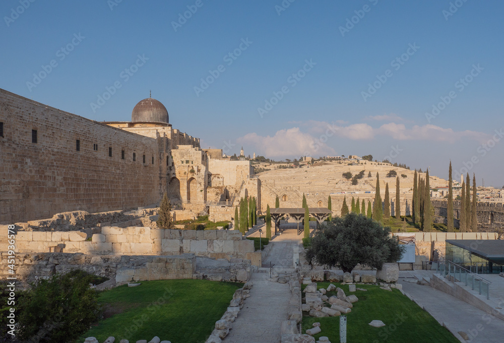 Temple Mount south wall with Al-Aqsa Mosque and archeological excavation site in Jerusalem Old City
