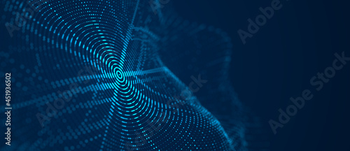 Abstract digital wave. Blue circular shape on the background. Futuristic point pattern wave. Big data. 3D rendering.