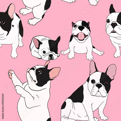 Hand drawn illustrations portrait of French Bulldog breed on pink background design for seamless pattern. Texture for Fabric, Wrapping, Wallpaper, Print, Textile, Advertising and etc.