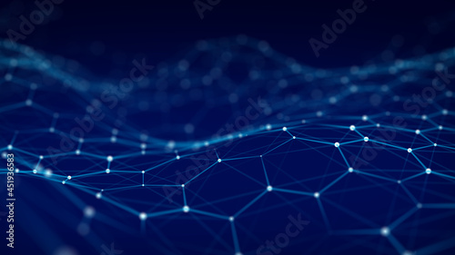 Blue wave conection dots and lines. Abstract technology background. Science background. Big data. 3d rendering. Network connection. Hexagon. photo
