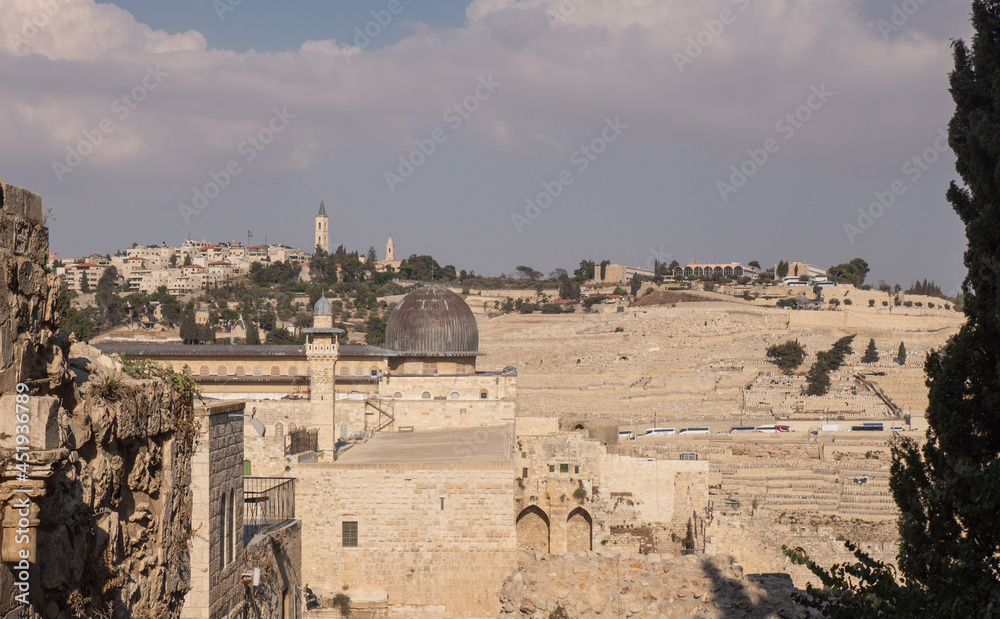 Temple Mount south wall with Al-Aqsa Mosque and archeological excavation site in Jerusalem Old City