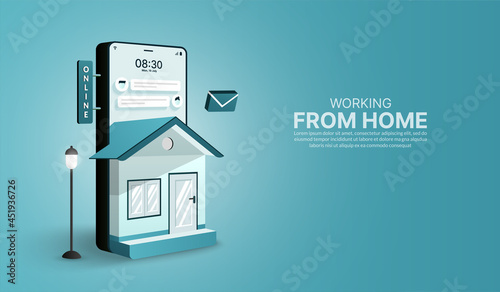 Work from home by mobile application and website on Smartphone in form of house, Online working and social distancing concept