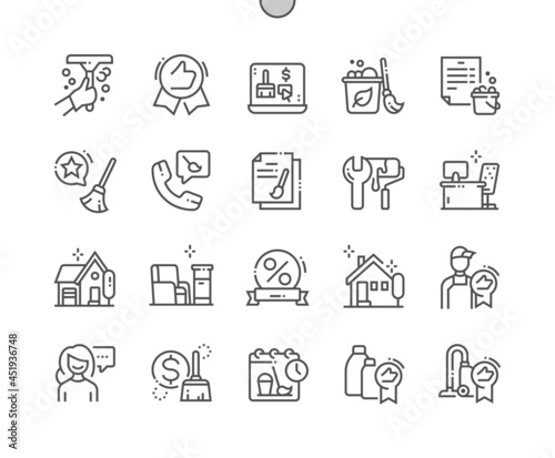 Cleaning service. Best quality. Professionals and happy clients. Eco friendly cleaning. Pixel Perfect Vector Thin Line Icons. Simple Minimal Pictogram