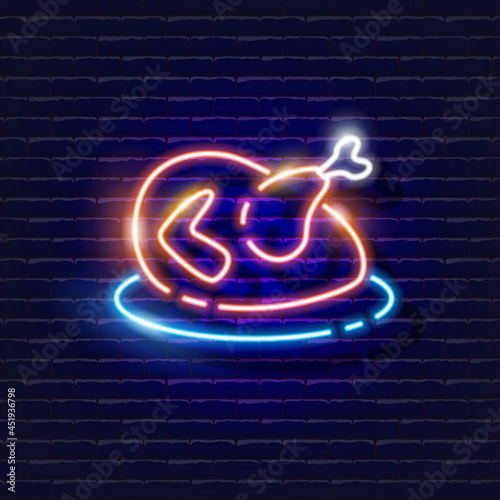 Festive Turkey Neon Sign. Thanksgiving turkey glowing icon. Thanksgiving and Christmas concept. Vector illustration for design.