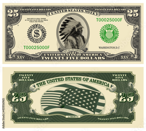 Banknote of 25 dollars. Fictional obverse and reverse in the style of old US paper money. Native American Indian