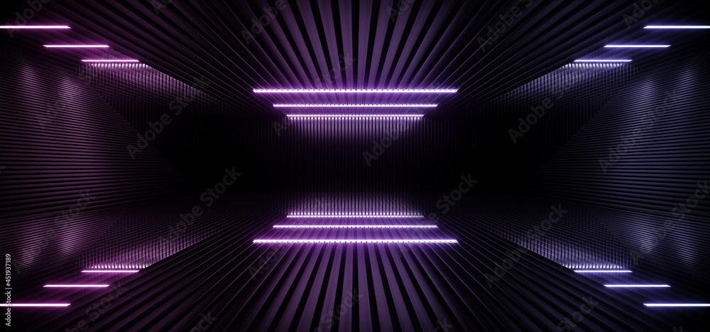 Fototapeta premium Neon Laser Blue White Led Lights Sci Fi Futuristic Modern Spaceship Dark Tunnel Corridor Hangar Garage Metal Glossy Showroom Empty Stage 3D Rendering