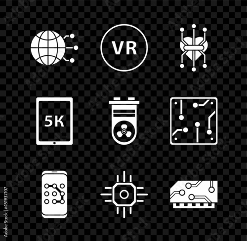 Set Global technology or social network, Virtual reality, Processor, Mobile and graphic password protection, RAM, random access memory, Tablet with text 5k and Video card icon. Vector