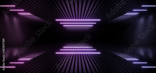 Fototapeta Naklejka Na Ścianę i Meble -  Neon Laser Blue White Led Lights Sci Fi Futuristic Modern Spaceship Dark Tunnel Corridor Hangar Garage Metal Glossy Showroom Empty Stage 3D Rendering