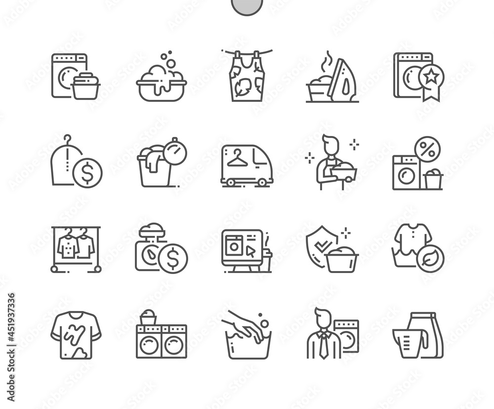 Laundry. Express cleaning. Best washing machine. Laundry sale. Eco friendly wash. Pixel Perfect Vector Thin Line Icons. Simple Minimal Pictogram