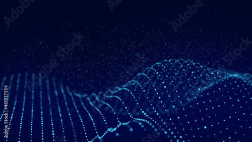 Abstract wave shaped array of glowing dots. Wave 3d. Abstract wave dots in dark background. Data technology background.