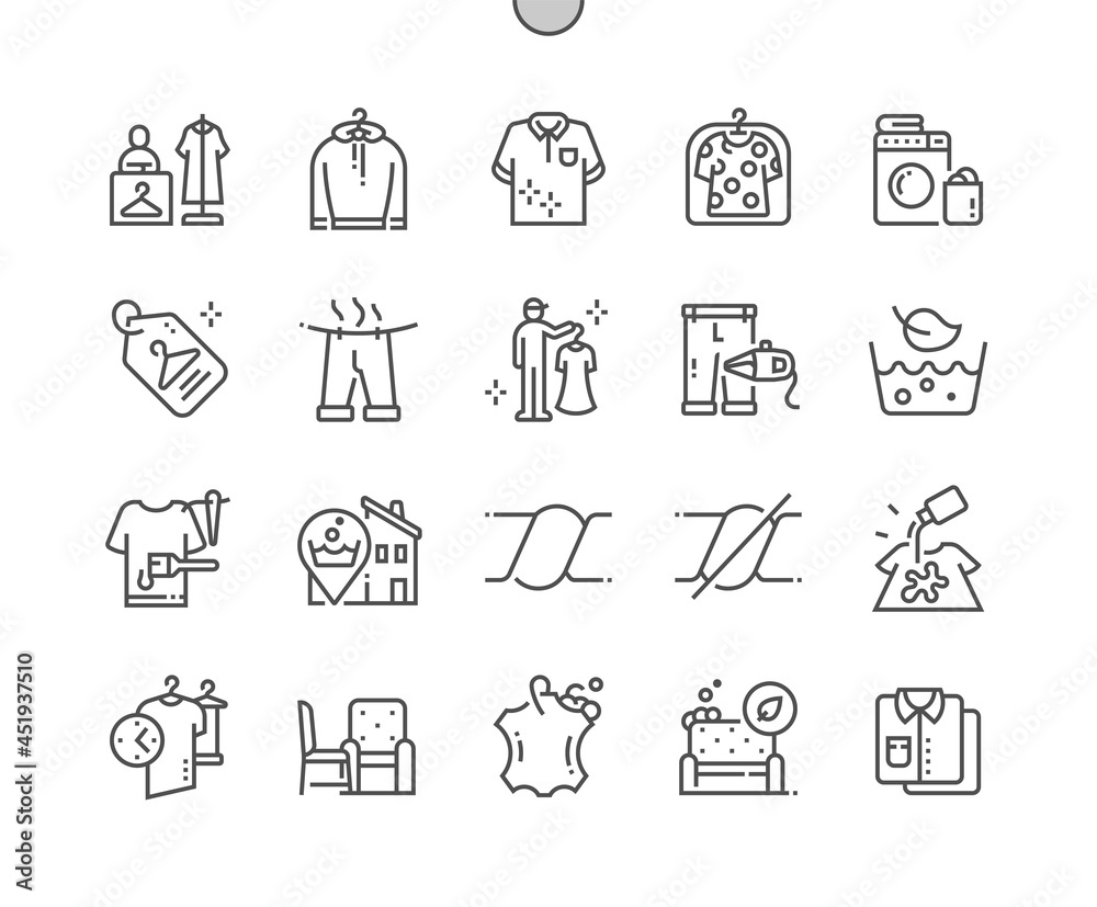Dry cleaning. Clean shirt. Stain treatment. Clothing repair. Pixel Perfect Vector Thin Line Icons. Simple Minimal Pictogram Dry cleaning. Clean shirt. Stain treatment. Clothing repair. Pixel Perfect Vector Thin Line Icons. Simple Minimal Pictogram