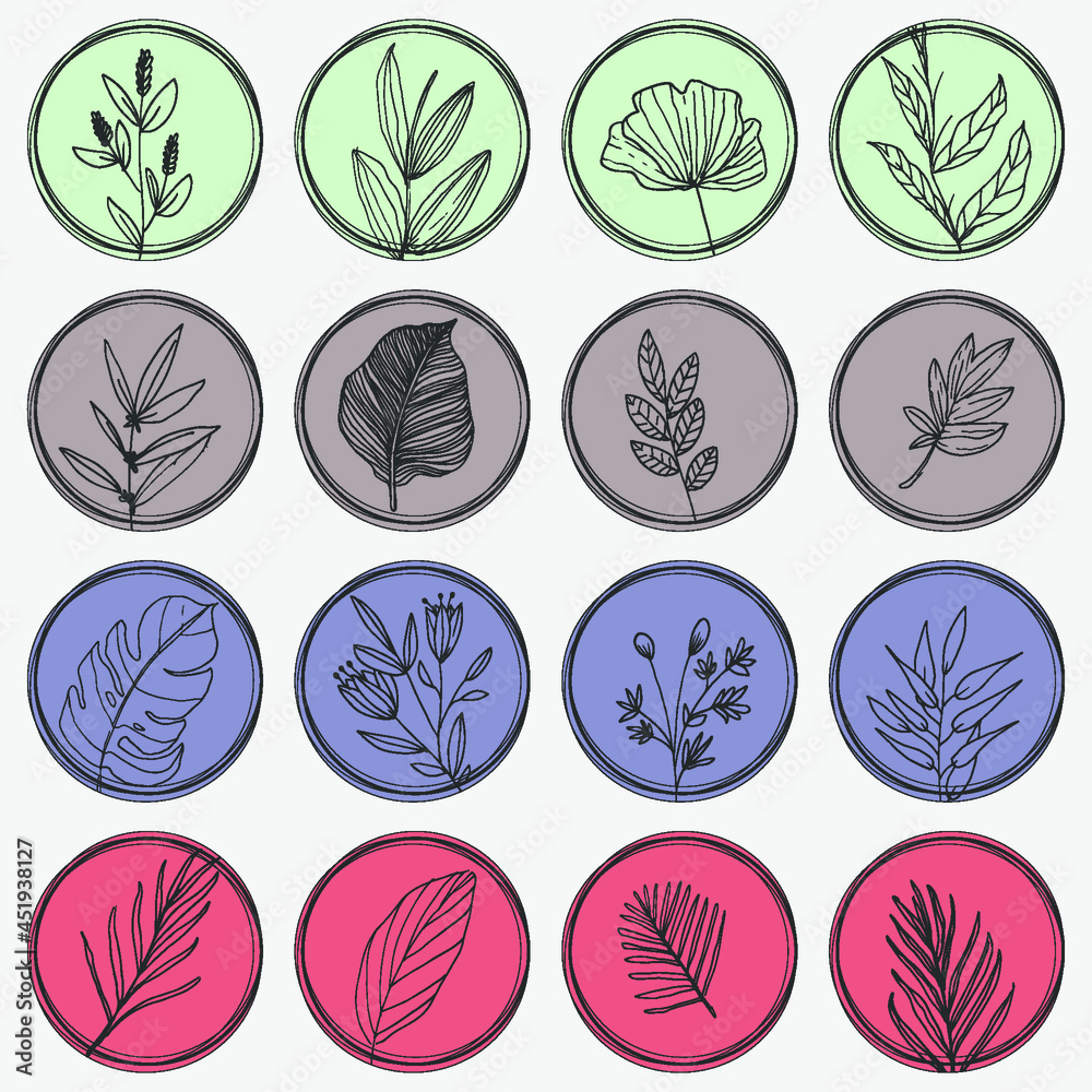 Set of line art hand drawn vector flower sticker illustrations Set of line art hand drawn vector flower sticker illustrations