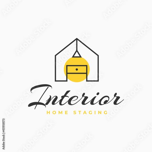 Simple illustration of lamp and table house interior, for home Staging logo design. Minimalist furniture decorations room logo design 