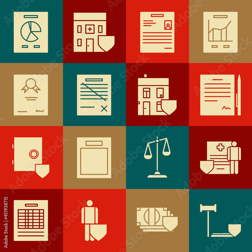 Set Judge gavel with shield, Medical clipboard clinical record, Contract pen, Personal document, Delete file, Certificate template, Document graph chart and House icon. Vector