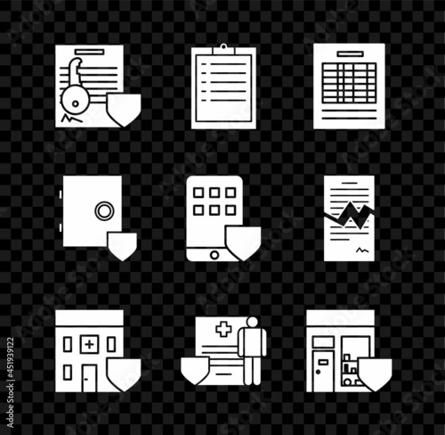 Set Document with key with shield, Clipboard checklist, Report file document, Medical hospital building, clipboard clinical record, Shopping, Safe and Smartphone insurance icon. Vector