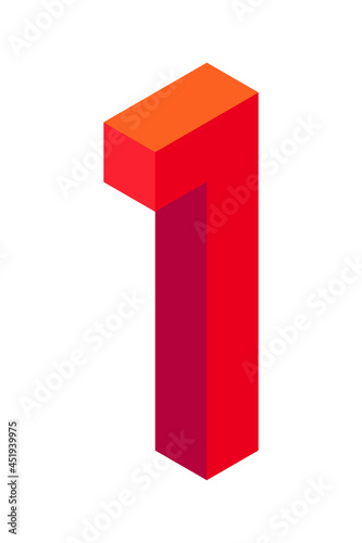 Red number 1 in isometric style. Isolated on white background. Learning numbers, serial number, price, place.