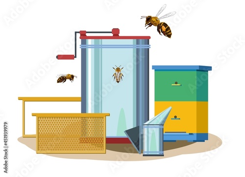 Beekeeping equipment. Frames with wax honeycomb and bees. Honey extractor, smoker and ready made hives. Illustration of label for service of selling tools. Isolated on white background. vector