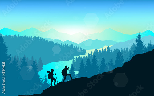Couple climbers. Climbing to top at dawn. Travel concept of discovering, exploring and observing nature. Hiking tourism. Adventure. Minimalist graphic flyer. Polygonal flat design illustration