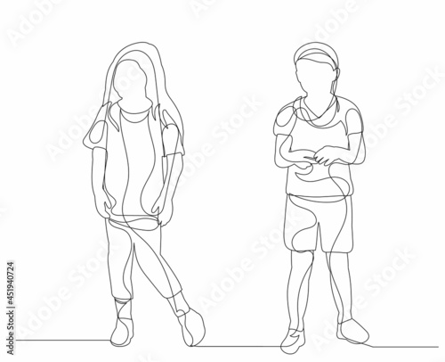 one line drawing children, guys isolated
