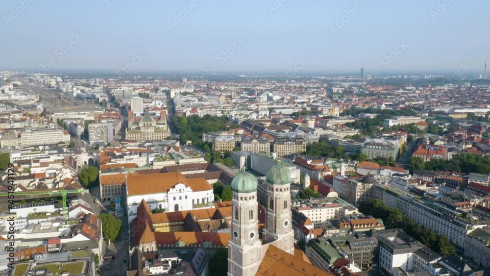 Drone Flying Away from Munich Cathedral Reveals Famous Marienplatz Square in Munich, Germany Drone Flying Away from Munich Cathedral Reveals Famous Marienplatz Square in Munich, Germany