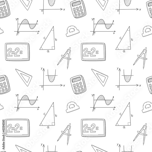 Seamless pattern with mathematical objects, graphs, triangle, Pythagorean theorem, calculator, compasses . Hand-drawn outline elements. Monochrome design. Black and white vector illustration on white.