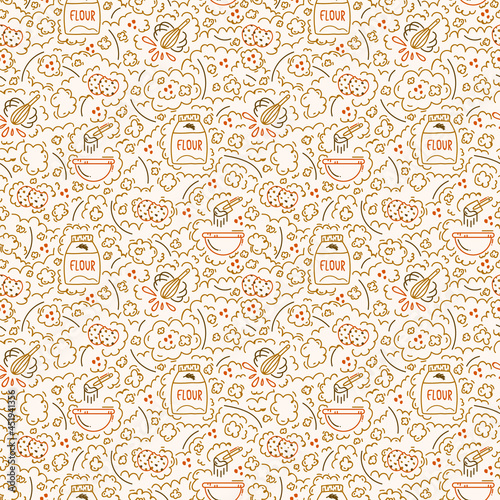 A pattern with ingredients for baking and cream. Illustration of flour, cookies, bowls and spoons. Doodle texture for kitchen or bakery textiles. Vector illustration