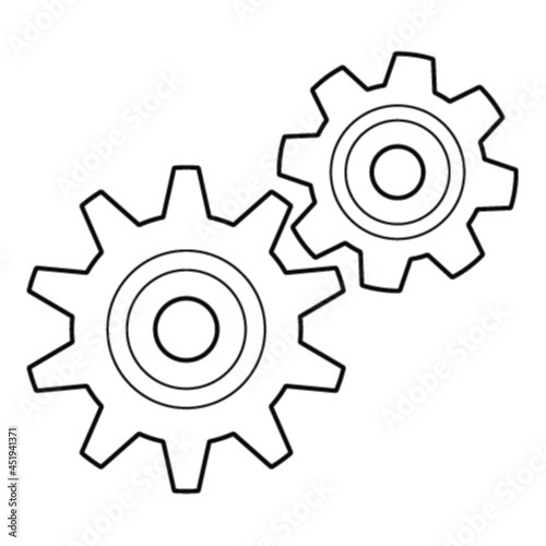 Two gears. A symbol of adjustment, training, mechanism, relationship. Hand-drawn black and white vector illustration. Isolated on a white background.