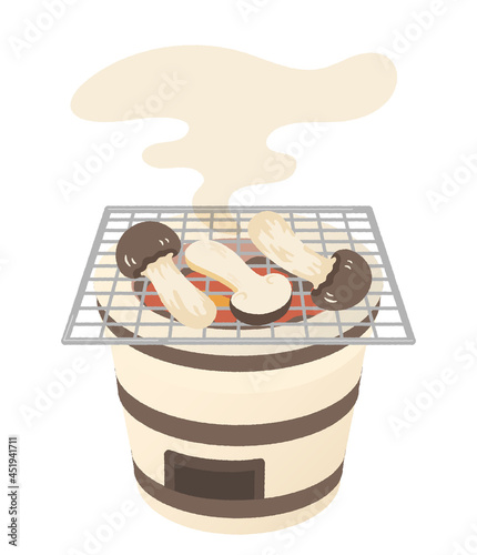 Illustration of baking matsutake mushrooms on a shichirin