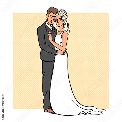 Portrait of the bride and groom. Beautiful newlywed couple. Template for decorating wedding cards and invitations. Vector illustration outline