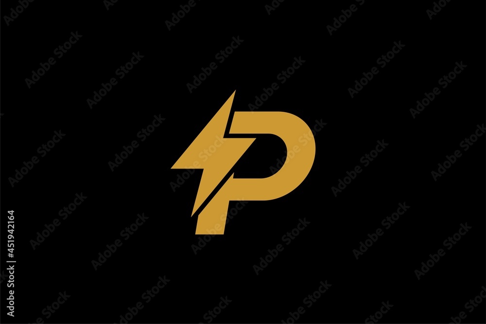 Electric power logo design vector. Yellow thunder abstract symbol. Monogram P letter and bolt vector icons. Electric power logo design vector. Yellow thunder abstract symbol. Monogram P letter and bolt vector icons.