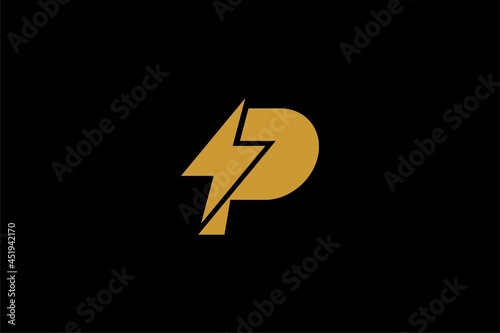 Electric power logo design vector. Yellow thunder abstract symbol. Monogram P letter and bolt vector icons.