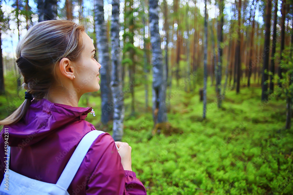 spring forest female windbreaker trekking, springtime rest nature landscape background woman tourist spring forest female windbreaker trekking, springtime rest nature landscape background woman tourist