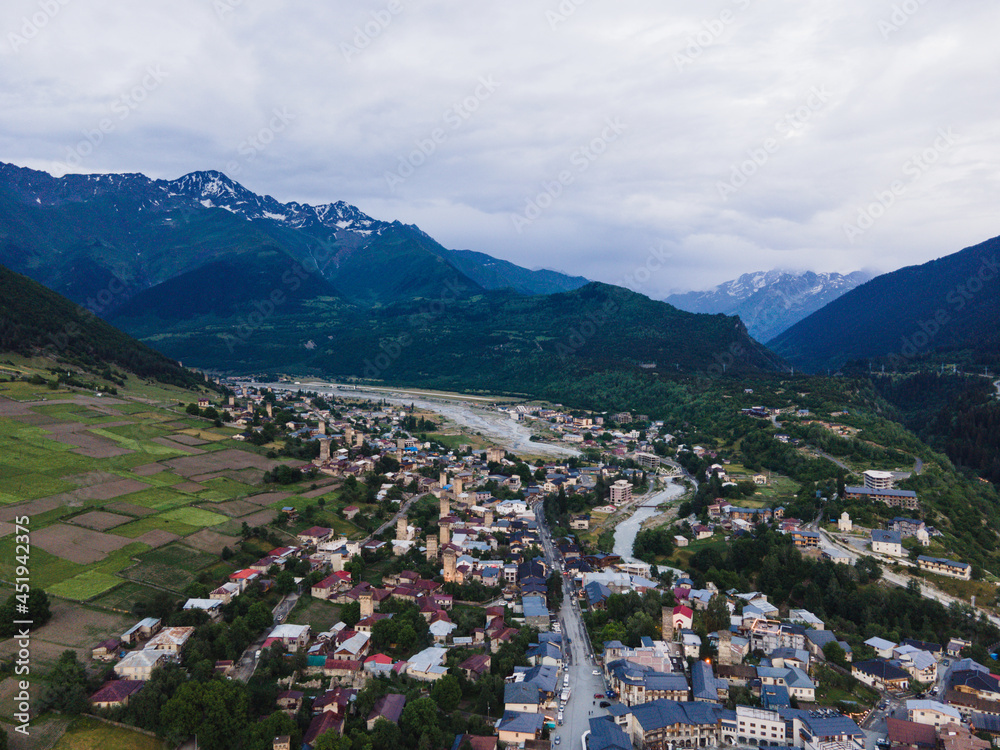 Svaneti Mestia Georgia mountains history towers beautiful old town and nature aerial drone photo
