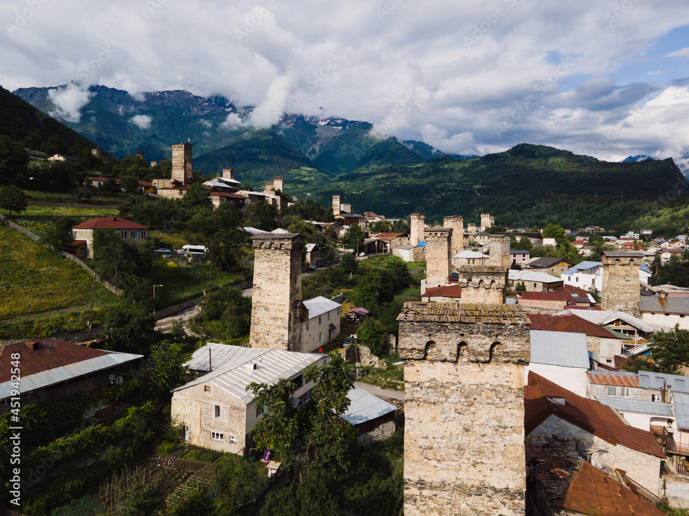 Svaneti Mestia Georgia mountains history towers beautiful old town and nature aerial drone photo