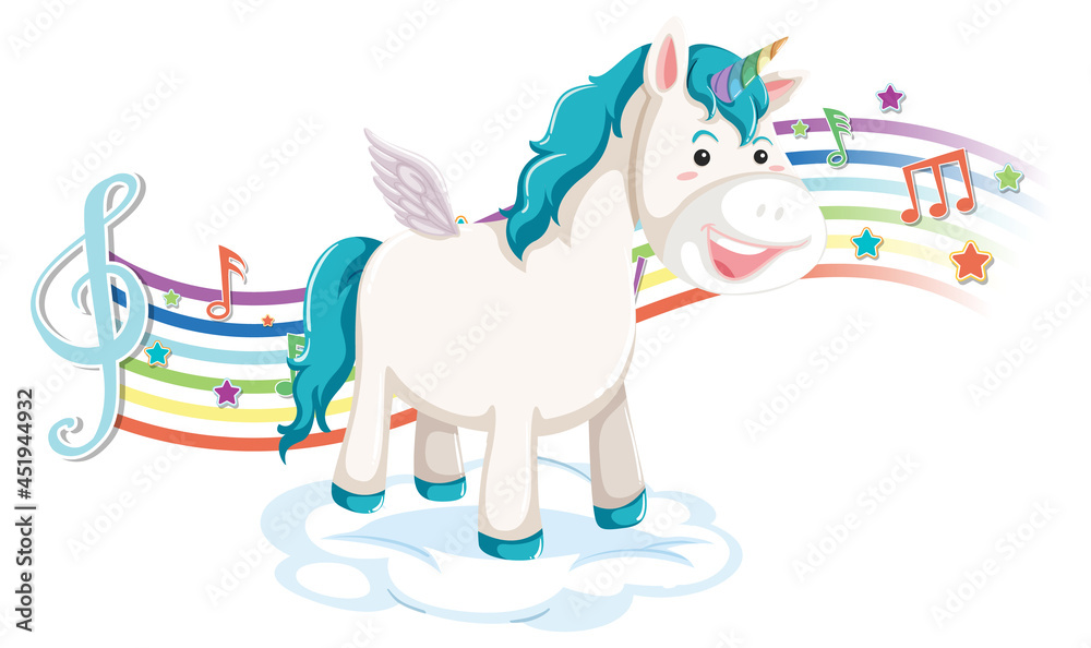 Cute unicorn standing on the cloud with melody symbols on rainbow