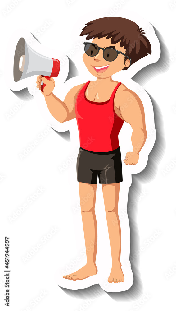 Life guard holding megaphone cartoon sticker Life guard holding megaphone cartoon sticker