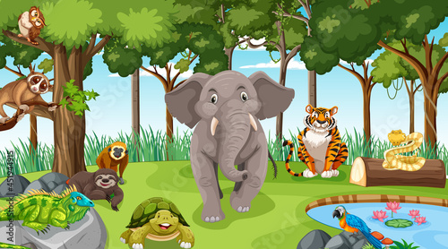 Wild animals in forest scene with many trees