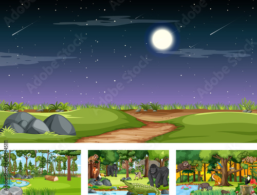 Set of different forest horizontal scene with various wild animals