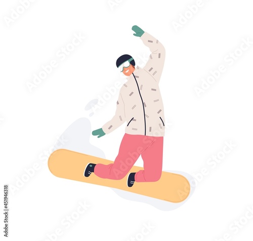 Happy man riding snowboard. Smiling snowboarder in helmet and glasses jumping with snow board. Extreme winter sport. Flat vector illustration of person during snowboarding isolated on white background