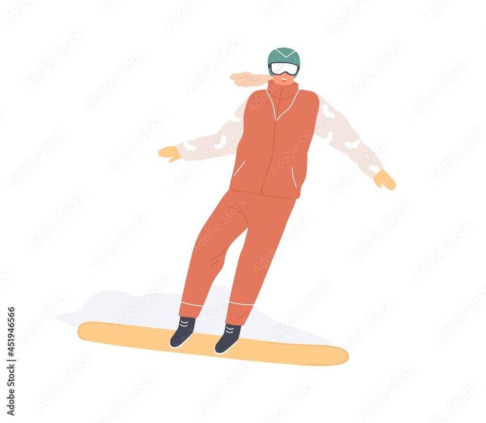 Obraz premium Happy woman riding snowboard. Smiling snowboarder in helmet and sportswear standing on board. Extreme winter sports activity. Flat vector illustration of snowboarding isolated on white background
