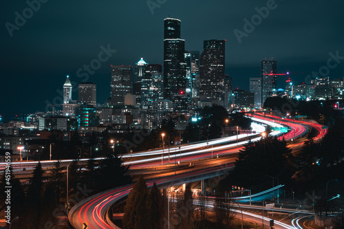 Seattle cityscape at night via long exposure photo