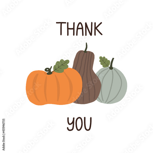 Minimalistic cute Thank You card decorated by pastel pumpkins illustration. Happy thanksgiving vector concept. Template for blog post social media.