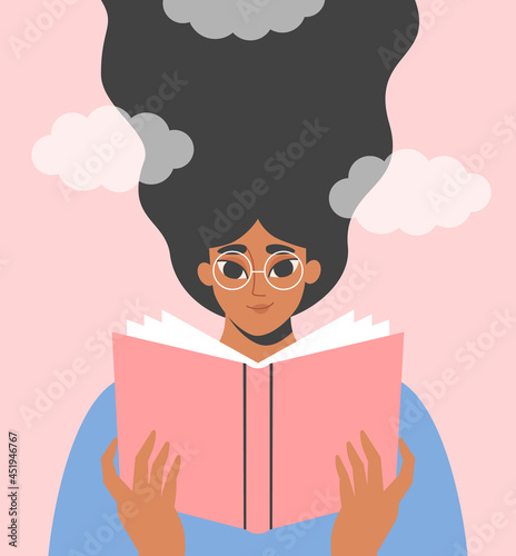 Woman reading a book. Girl enjoying literature, story. Studying, learning, self education, bookworm concept. International literacy day, book fair or festival. Isolated flat vector illustration photo