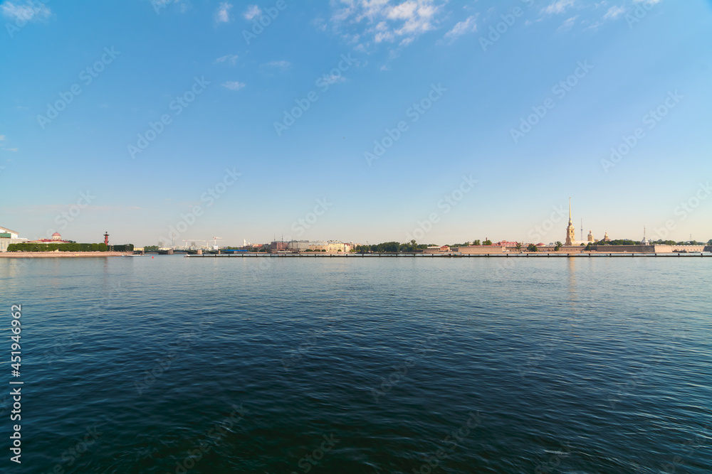 View from the Palace Embankment to the Peter and Paul Fortress and the Spit of Vasilyevsky Island in St. Petersburg.