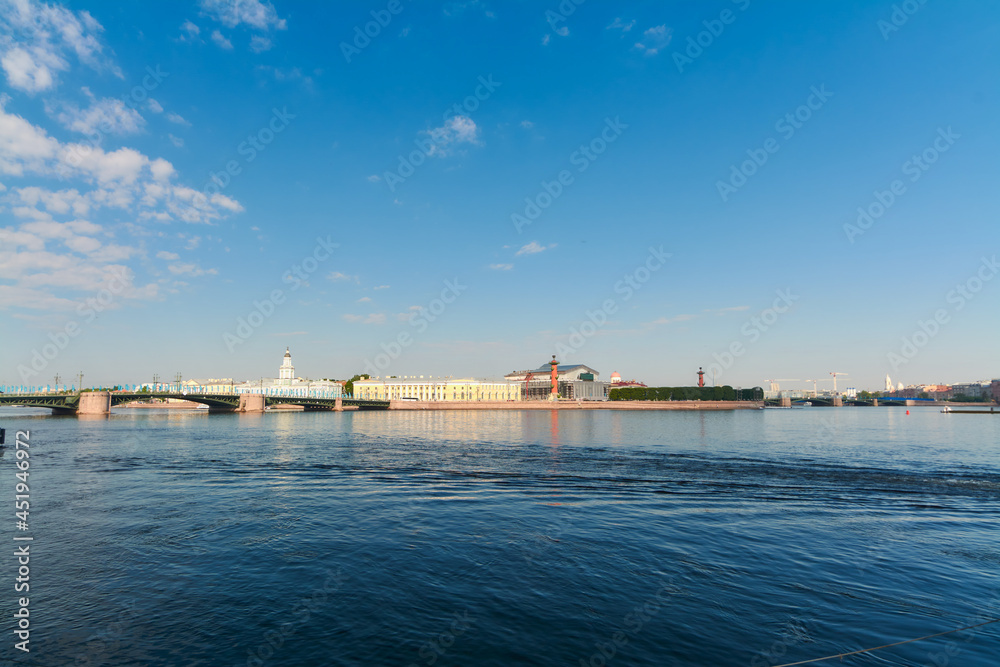 View from the Palace Embankment to the Spit of Vasilyevsky Island in St. Petersburg.